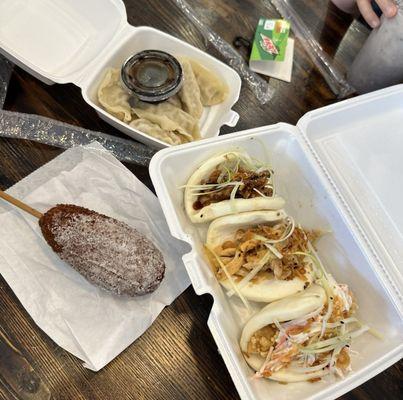 Corn dog, gyoza, bao buns