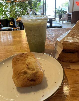 Sausage kolache, gluten-free chocolate chip cookies, iced cold foam matcha with soy milk