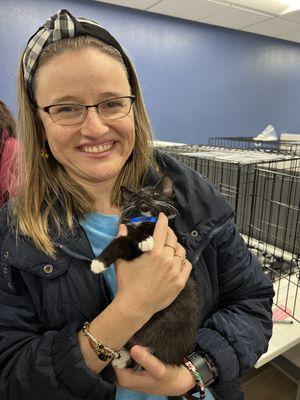 Cat care volunteer with kitten