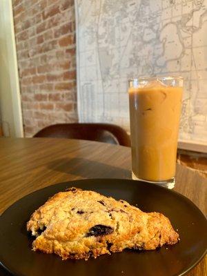 Blueberry scone and an iced Vietnamese