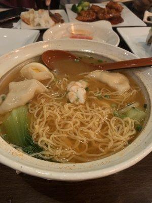 Dumpling noodle soup, general Tso's shrimp at the top