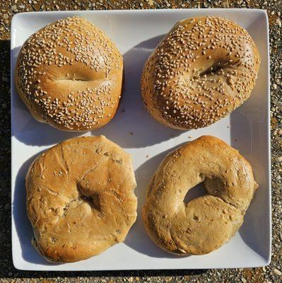 Main Street Bagel Deli: sesame bagels (top) and multigrain bagels (bottom). Big bagels, great quality!