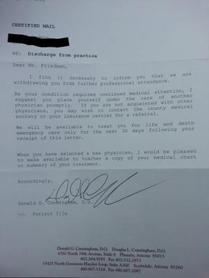 Letter from owner, Dr. Cuntingham telling me not to come back to his practice after putting me on new dangerous drugs.