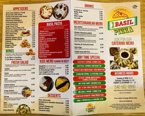 Basil Pizza's Menu