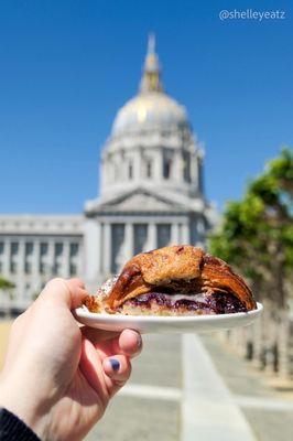 A cross section of the incredible Hazelnut Almond BlackBerry Croissant (hello SF city hall)