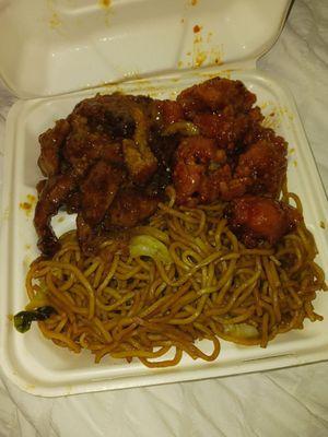 General tso and ginger chicken with lo mein