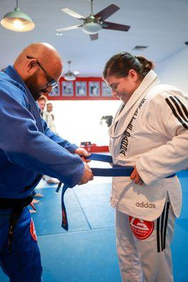 January 2024 Adult Belt promotion. 3 White belts moved to blue.