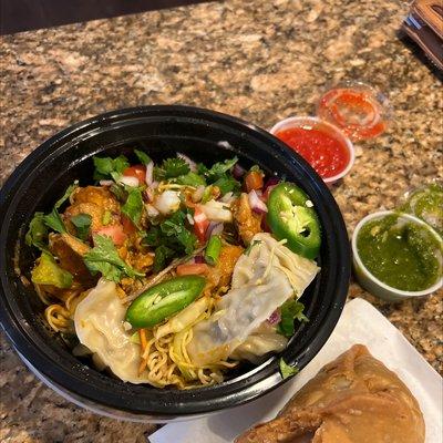 Chicken Bowl, Vegetable Samosa (Vegan)