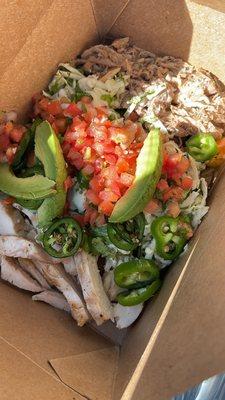 Protein bowl with grilled chicken and carnitas