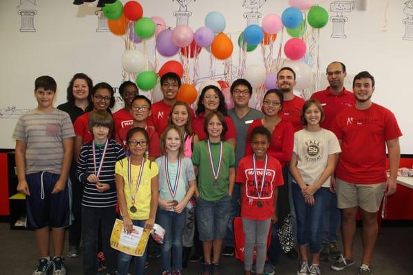 Our awesome Tri-Mathalon participants and winners (congrats, kiddos!) with the instructors.