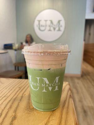 Matcha latte with strawberry cheese cap