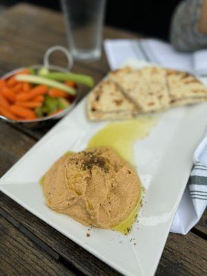 Home made hummus, pita and veggies