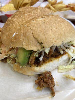 Torta Al pastor with avocado