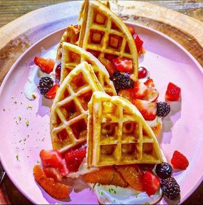 The Brunch of your dreams awaits; Belgium waffles with rosewater and lime infused fruit salad with whipped cream