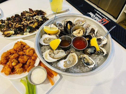 Brussels sprouts, Spicy Buffalo Shrimp, oyster sampler.