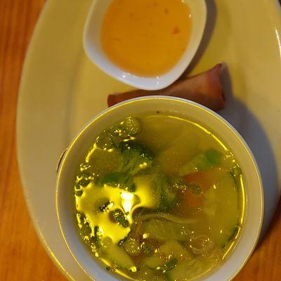 Veggie soup with fried spring roll and dipping sauce