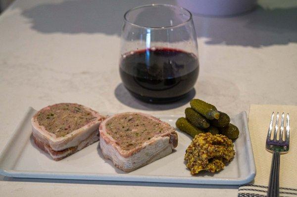 Duck pate with a glass of house red.