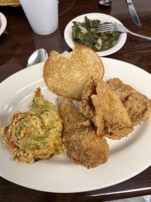 Fried chicken, broccoli casserole and turnip greens