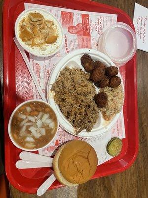 Pork plate finely chopped with pinto beans and raw onions, vanilla puddin