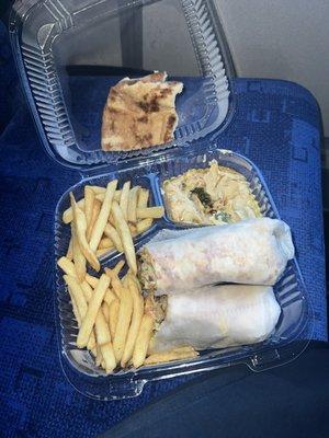 Veggie wrap with fries peta bread and hummus....