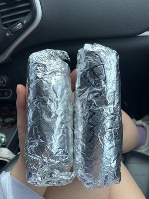 Two burritos- (Bean+Cheese and custom Breakfast)