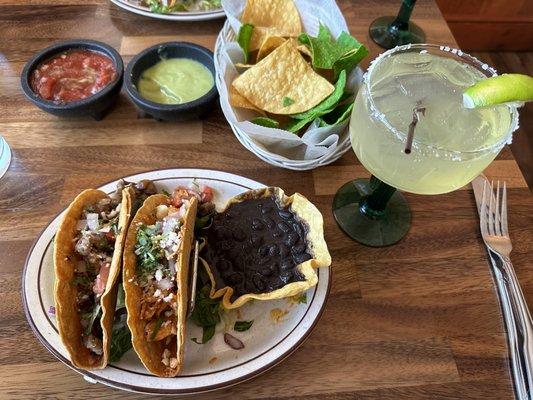 One Steak Taco, One Chicken Taco, Side of Beans, and a House Margarita