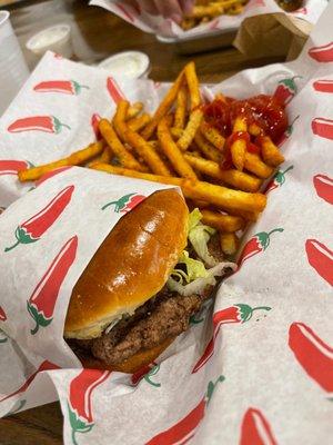 Hamburger with battered fries, very good.