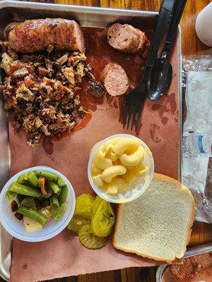 Two meat plate...chopped brisket and sausage, Mac n cheese and bacon green beans