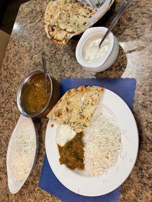 Lamb curry, garlic naan, & raita. All were delicious!