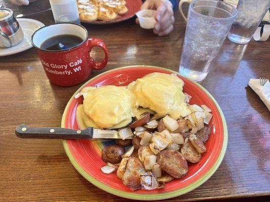 Portobello Egg Benedict with American fries.