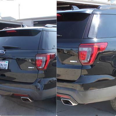 Damaged rear bumper. Our team was able to quickly repair the bumper and paint it and get our customer back on the road.