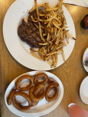 Onion Rings,  Medium Delmonico Steak, French Fries