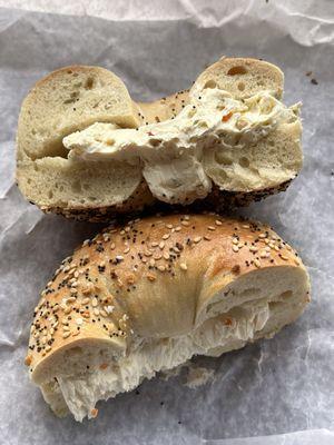 Everything Bagel with olive cream cheese