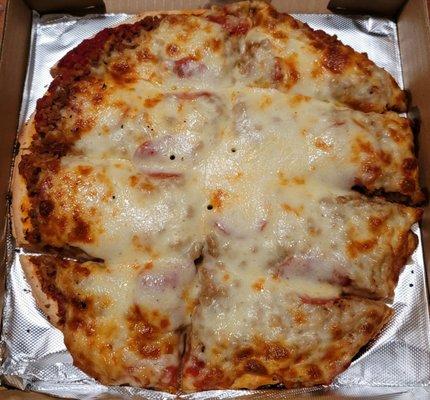 Sausage, Pepperoni, extra cheese & extra sauce pizza