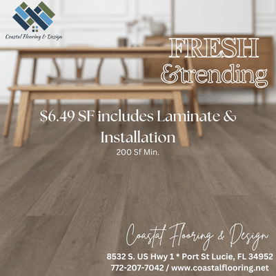 Huge sale on Laminate flooring, several colors to choose from. $6.49 SF inclds installation. 200 SF min. FREE ESTIMATES