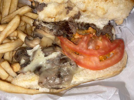 Inside mushroom cheesesteak