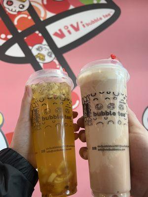 Vivi Signature Fruit Tea, Hot Taro Creme Brulee Milk Tea