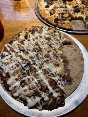 Chicken Bacon Ranch pizza (bottom of photo) and cheesesteak pizza (top right!