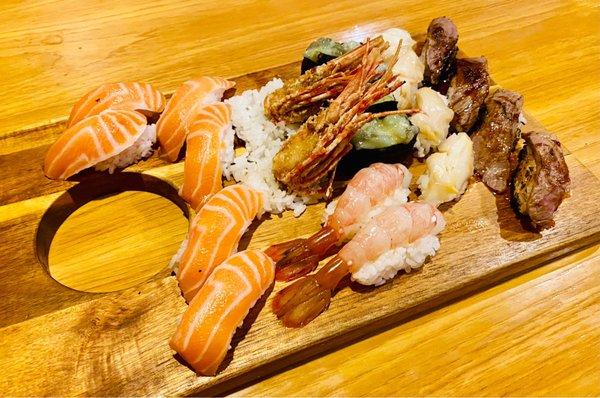 Salmon Belly Sushi, Sweet Shrimp, Tako wasabi  Beef