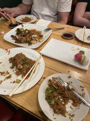 Beef Fried Rice, beef lo mein, and Rainbow Roll