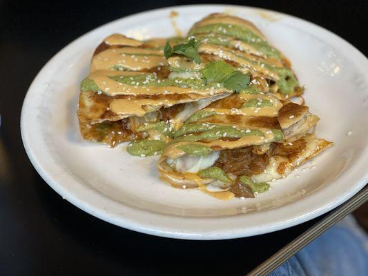 Kimchi shrimp quesadilla.