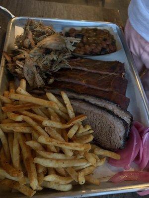 Brisket, Pulled Pork, & Rib Platter w/ Baked Beans and Fries