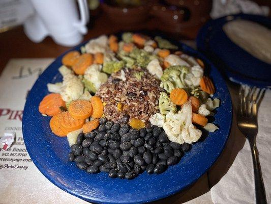 Vegan Meal: Southwestern Quinoa & Brown Rice, Black Beans & Steamed Broccoli, Cauliflower & Carrots.