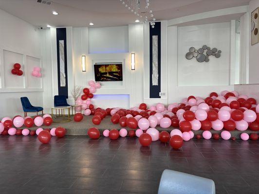 sitting area decorated for Valentine's Day