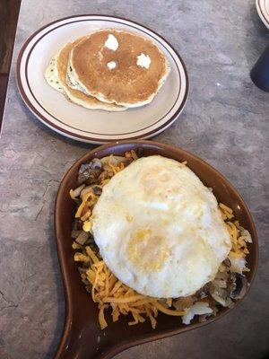 Veggie skillet with pancakes. Yum!