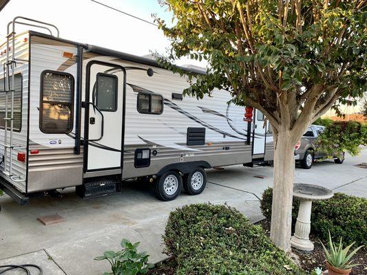 Our trailer. No damage to the paint under the awning, the ladder were marked or shown when we dropped it off for repairs.