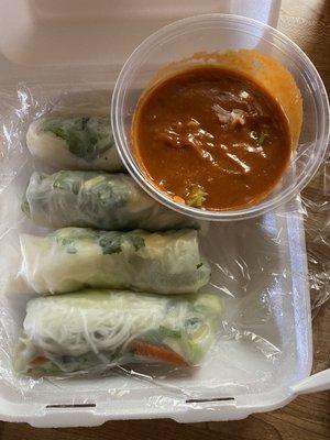 Veggie spring rolls with an amazing spicy sauce