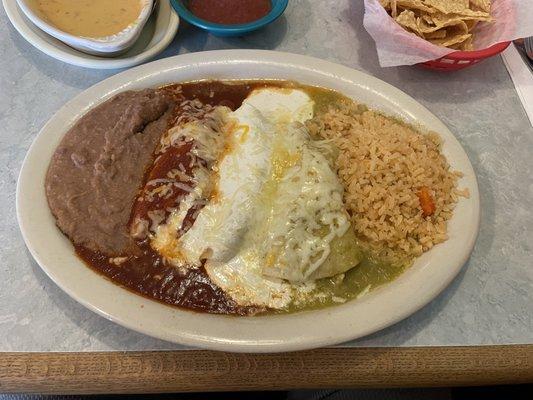 Enchilada Bandera with beans and rice