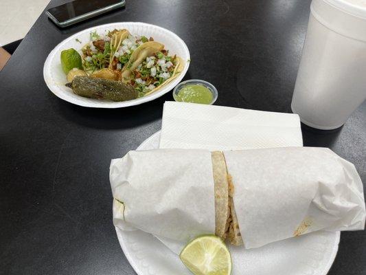 Tacos Al pastor , burrito Al pastor and a horchata large cup.