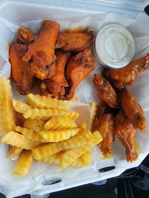 10 piece wings 5 mild and 5 honey gold with fries